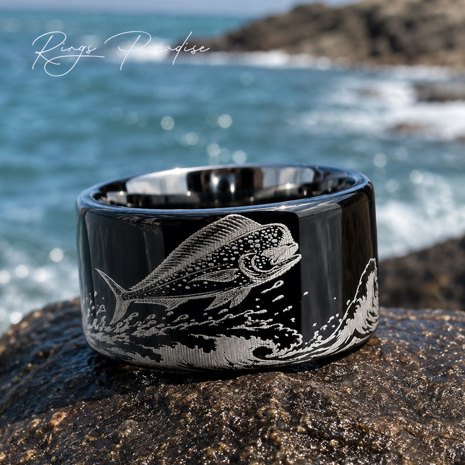 Mahi Mahi Ring | Black Tungsten Wedding Band Fishing Ring – 8mm,10mm,12mm