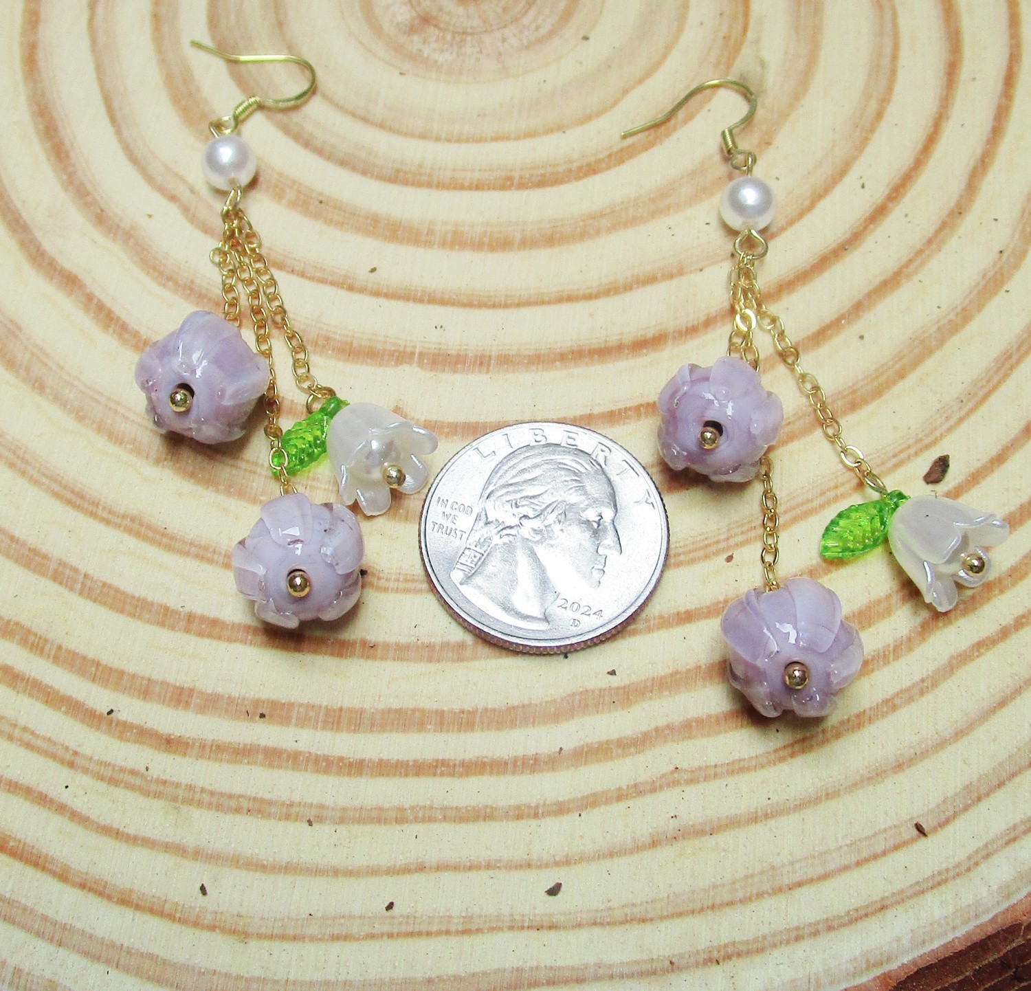 Purple dangle women’s earrings with nickel free hooks