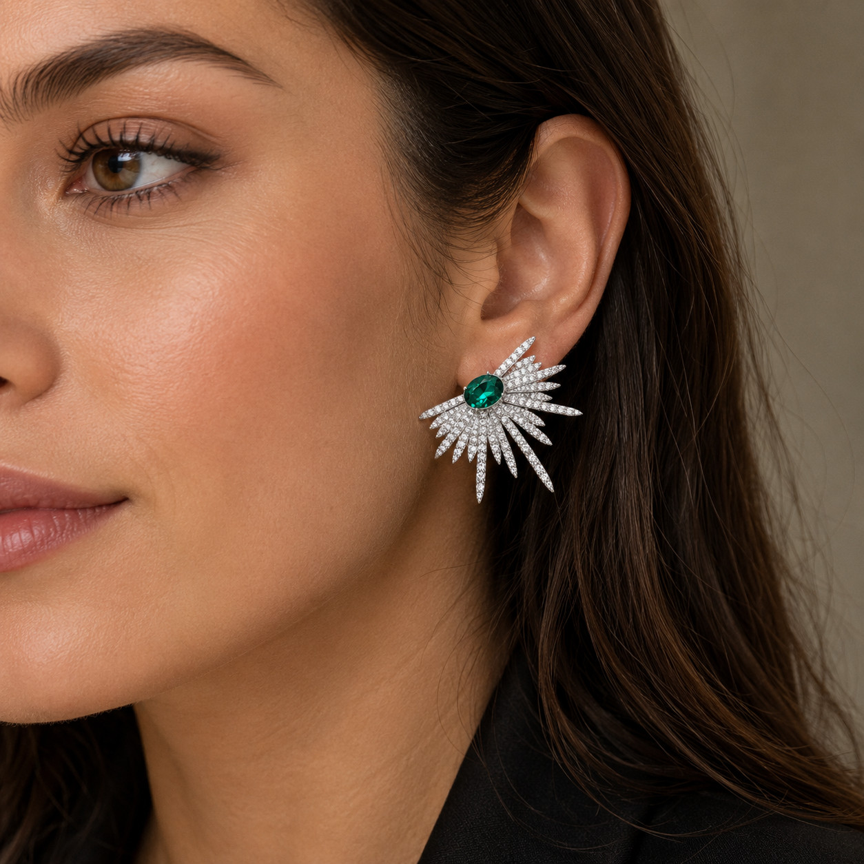 Silver-Tone Emerald Green Crystal Sunburst Fan Statement Stud Earrings