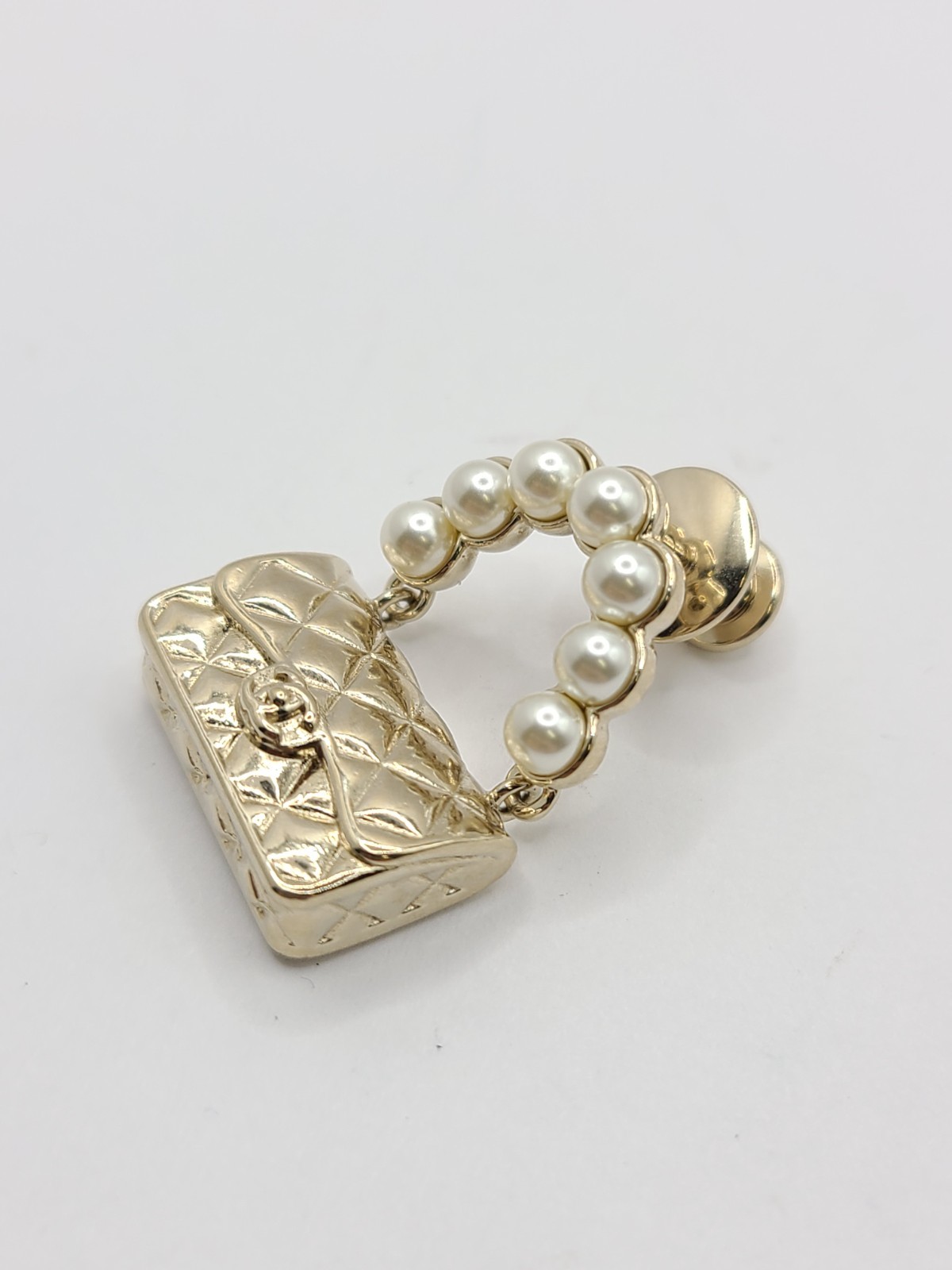 CHANEL Brooch Pin Badge CC Matelasse Bag Motif Faux Pearl