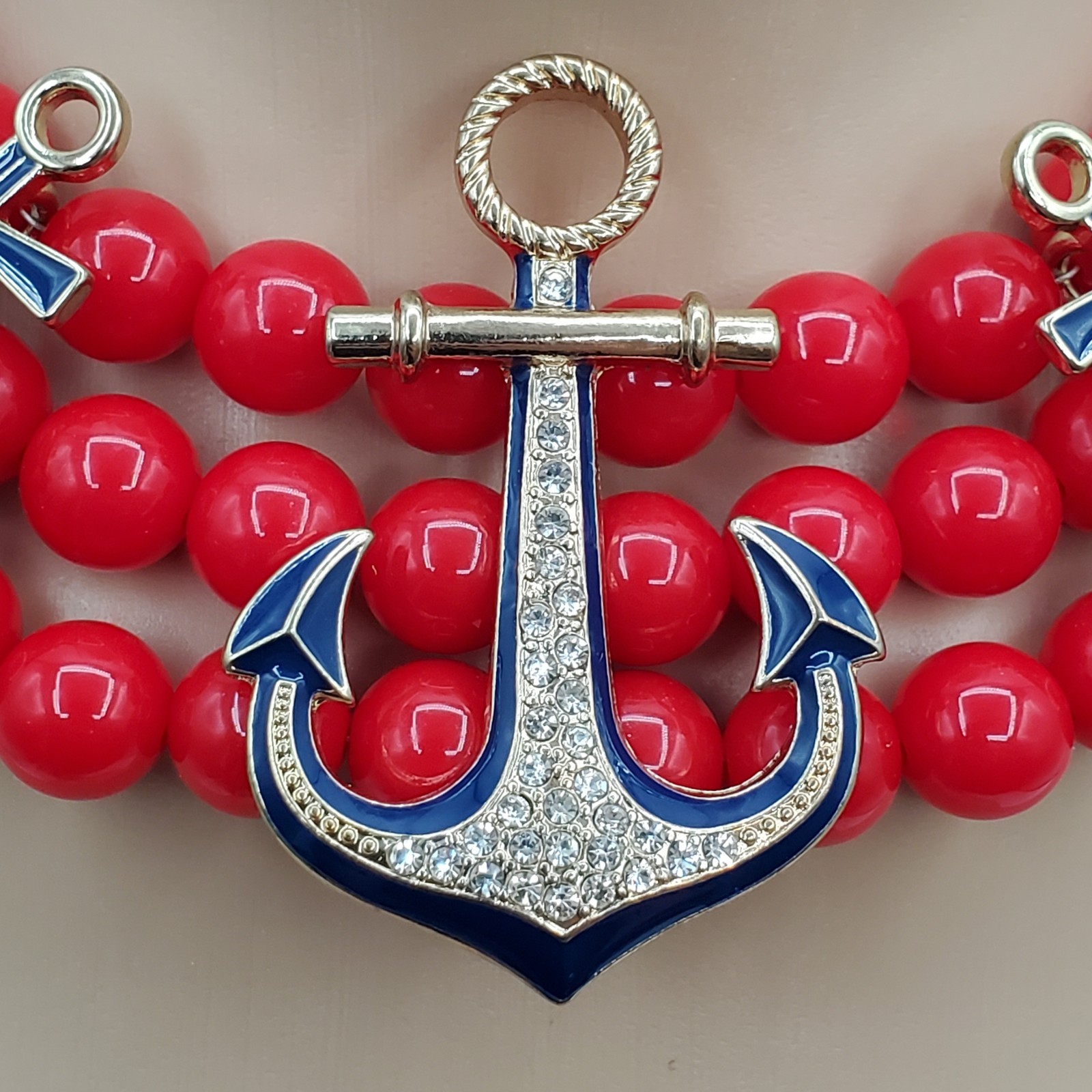 CC Nautical Set Necklace 19in Red Bead Triple Strand Blue Anchor 2 Sailboat Pins