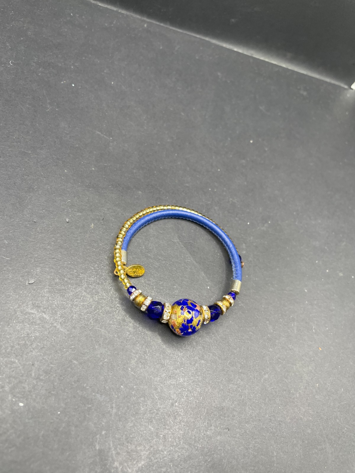 Murano Glass Coil Wrap Bracelet Blue Gold Foil Venetian Bead Rhinestone Leather