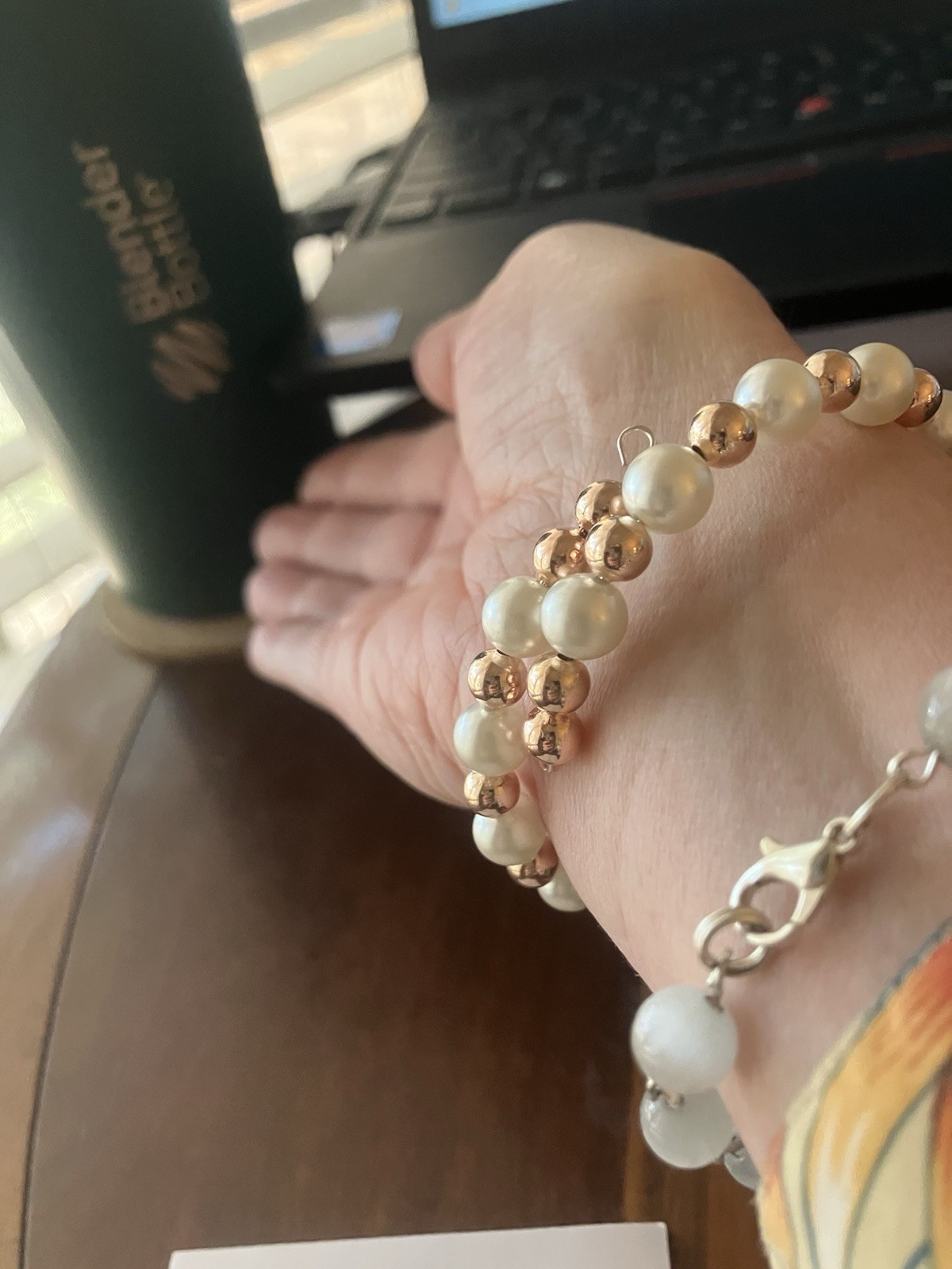 Vintage Upcycled glass pearl and rose gold plated memory wire bracelet