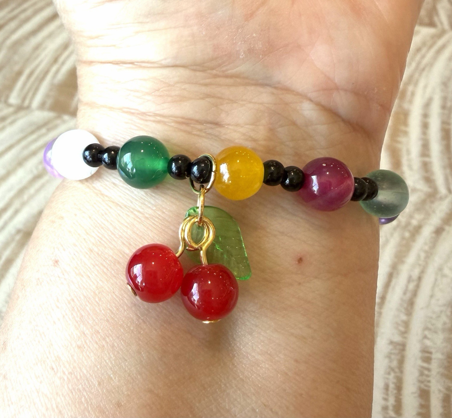 Multicolor Beaded Stretch Bracelet Cherry Fruit Dangle Charm Stone Glass