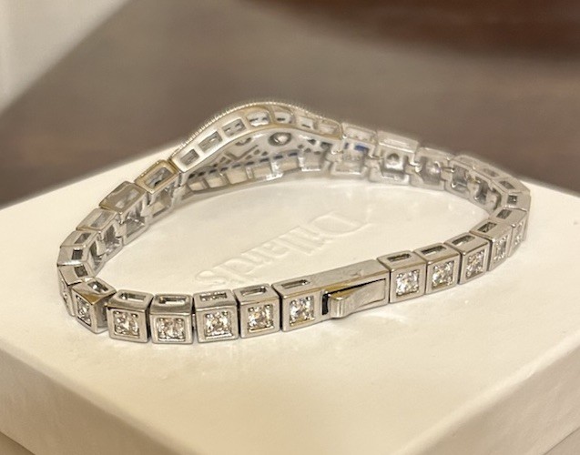 Silver Sapphire Blue CZ & Diamond CZ Art Deco Art Nouveau Inspired Bracelet NWT