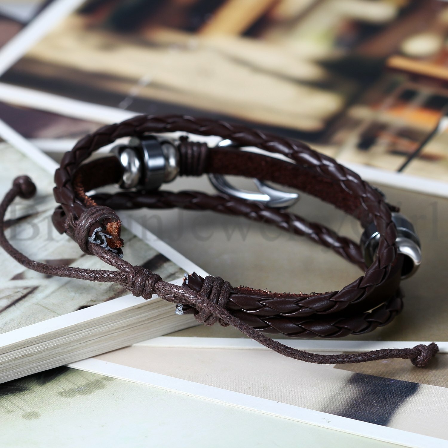 Men Women Multi-layer Fishing Hook Beaded Braided Leather Cuff Bangle Bracelet