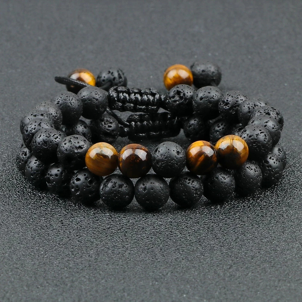 Handmade Adjustable Braided Bracelet Black Lava Stone Crown Tiger Eye Beads