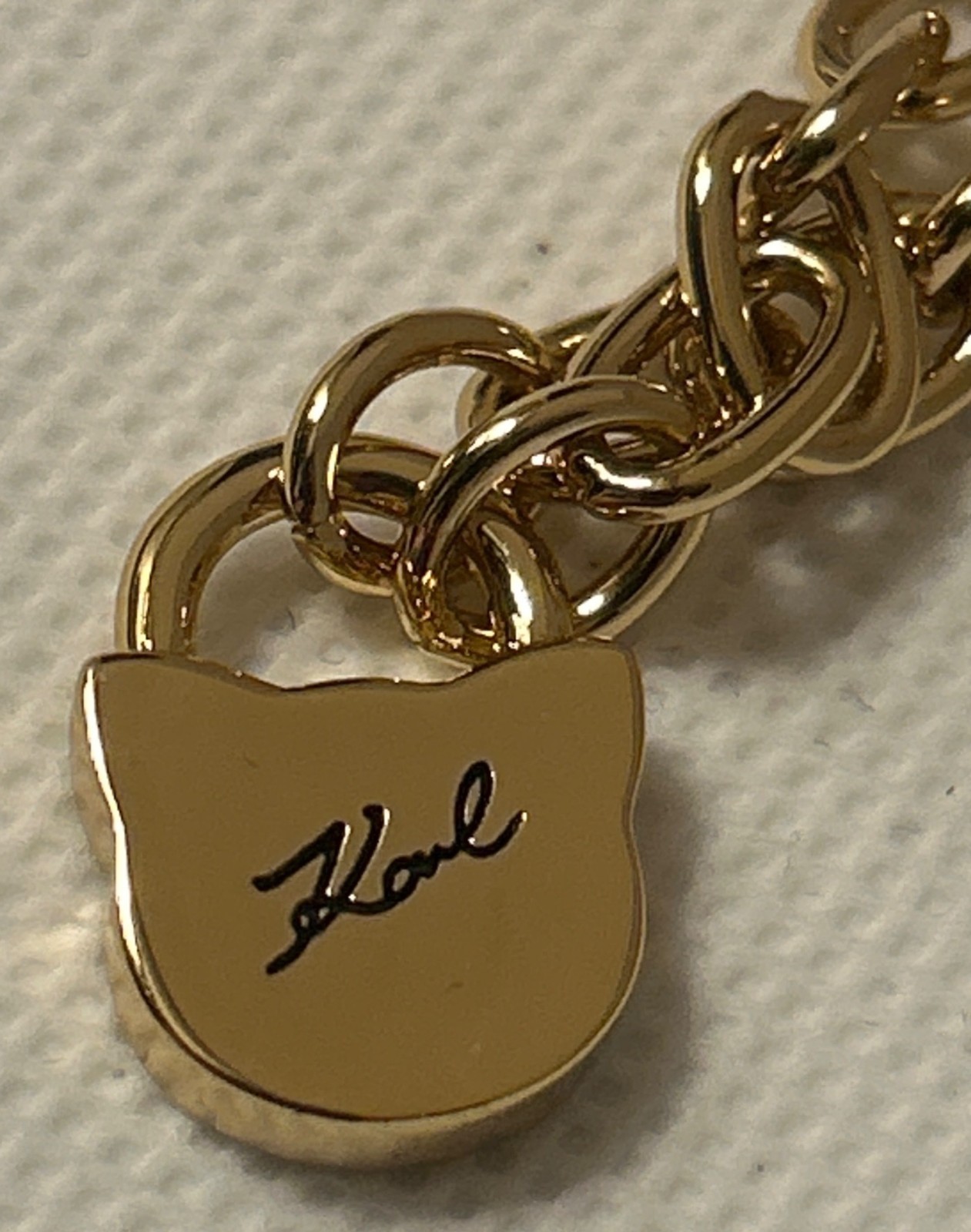 Karl Lagerfeld gold-tone link bracelet with cat charm Swarovski crystals 6.5”-8”