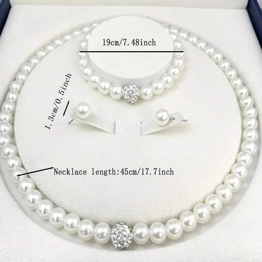 3PCS Pearl Jewelry Set Necklace Bracelet Earring Stud Gift Set For Women