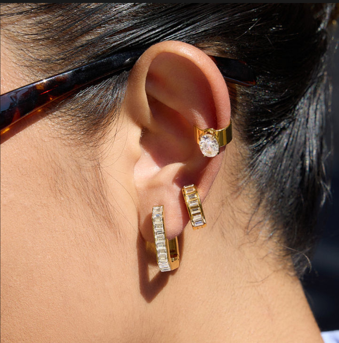 Stainless Steel Rectangle Huggie Hoop Earring Channel Set CZ Silver Gold