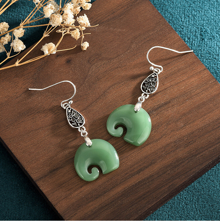 Jade Bohemian Drop Dangle Earrings Elephant Gemstone Boho 18K White Gold Plated