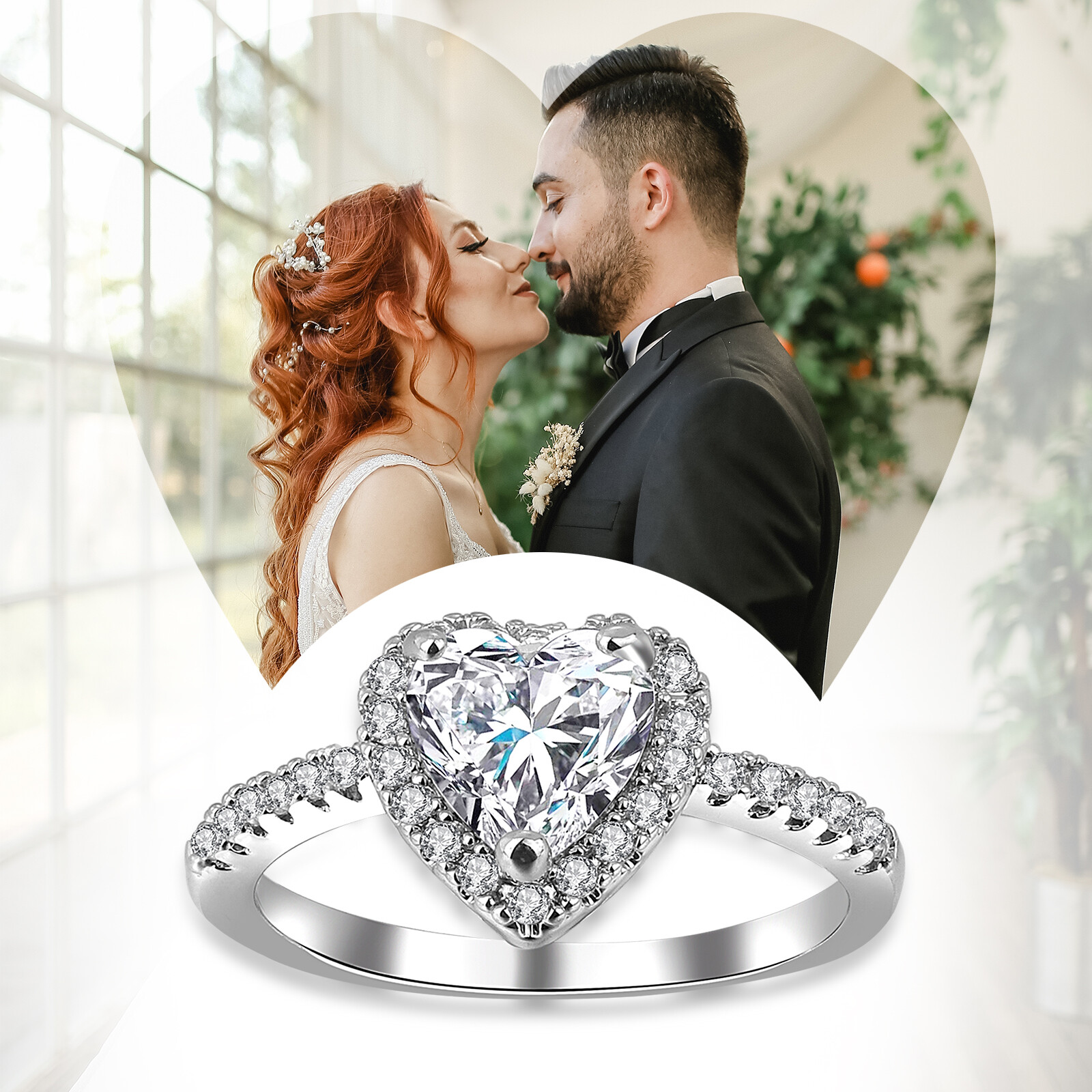 Women Stainless Steel Heart Cubic Zirconia CZ Solitaire Engagement Wedding Ring
