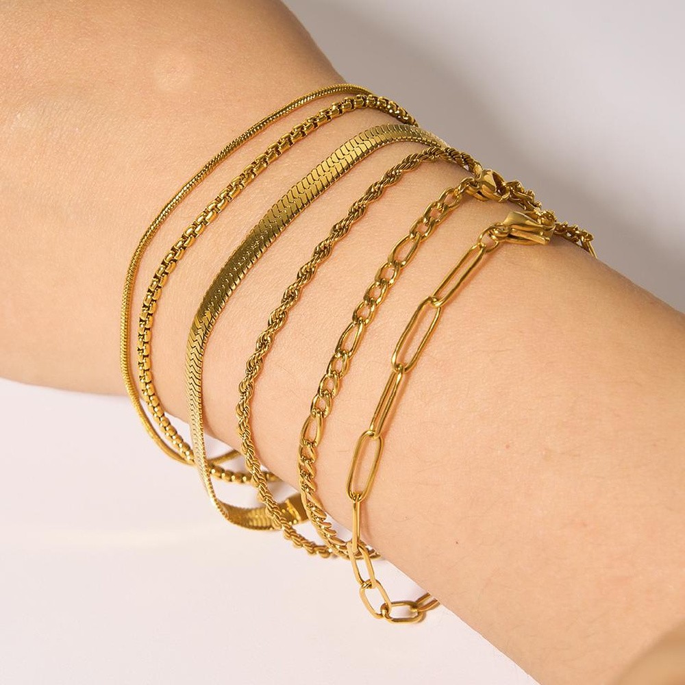 Chain Bracelet Titanium Stainless Steel 18K Gold Plated Box Chain 6.75 in T164