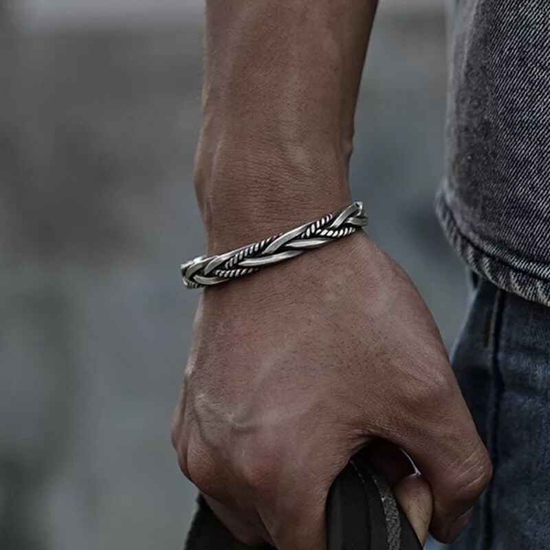 ZARD Men Twist Cable Cuff Bangle Statment Bracelet in 925 Sterling Silver