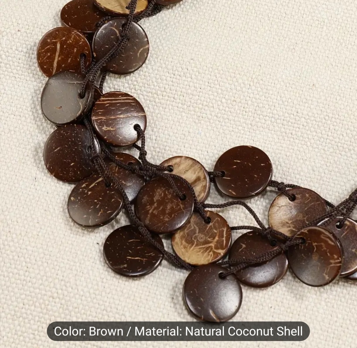 Natural Brown Coconut Shell Multi-Strand Disc Cord Necklace Adjustable 25.59in