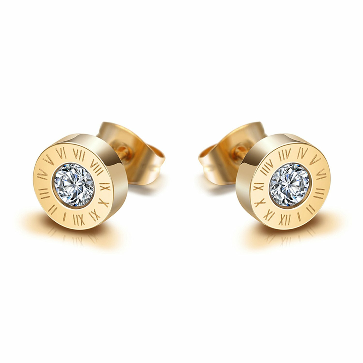 Men Women Stainless Steel Cubic Zirconia Round Roman Numerals Stud Earrings