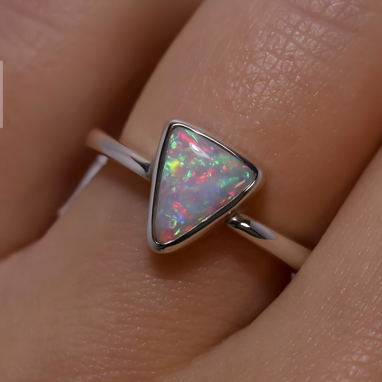Natural Opal Cabochon Triangle Ring Handmade 925 Sterling Silver Gift