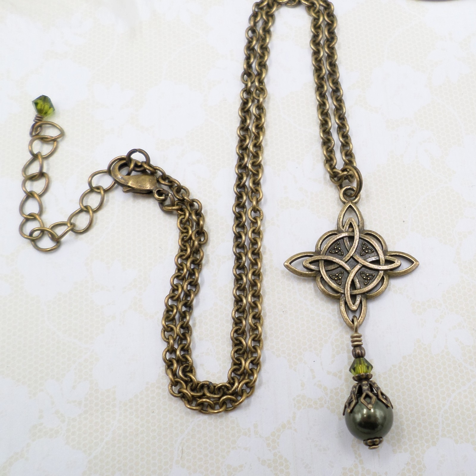 Celtic Knot Necklace, Green Bead Antique Brass Witch Knot Handmade Jewelry