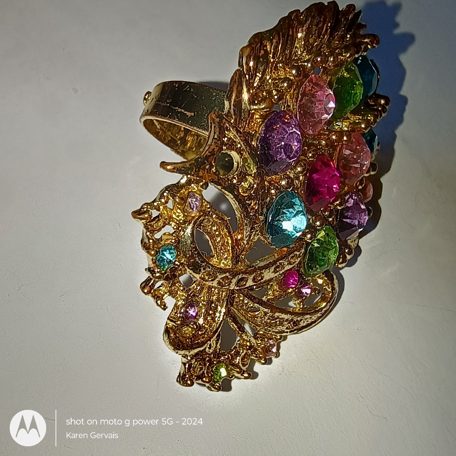 Gold Tone Multicolor Crystal Cocktail Ring, Prong Set Asymmetrical Adjustable