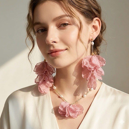 1 Pair Fabric Flower Stud Earrings Women Large Petal Fluffy Statement Jewelry