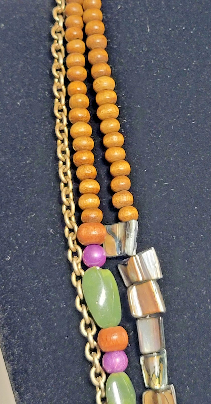 Multi Strand Beaded Boho Necklace Shell Wood Green Purple Iridescent Layered 21″
