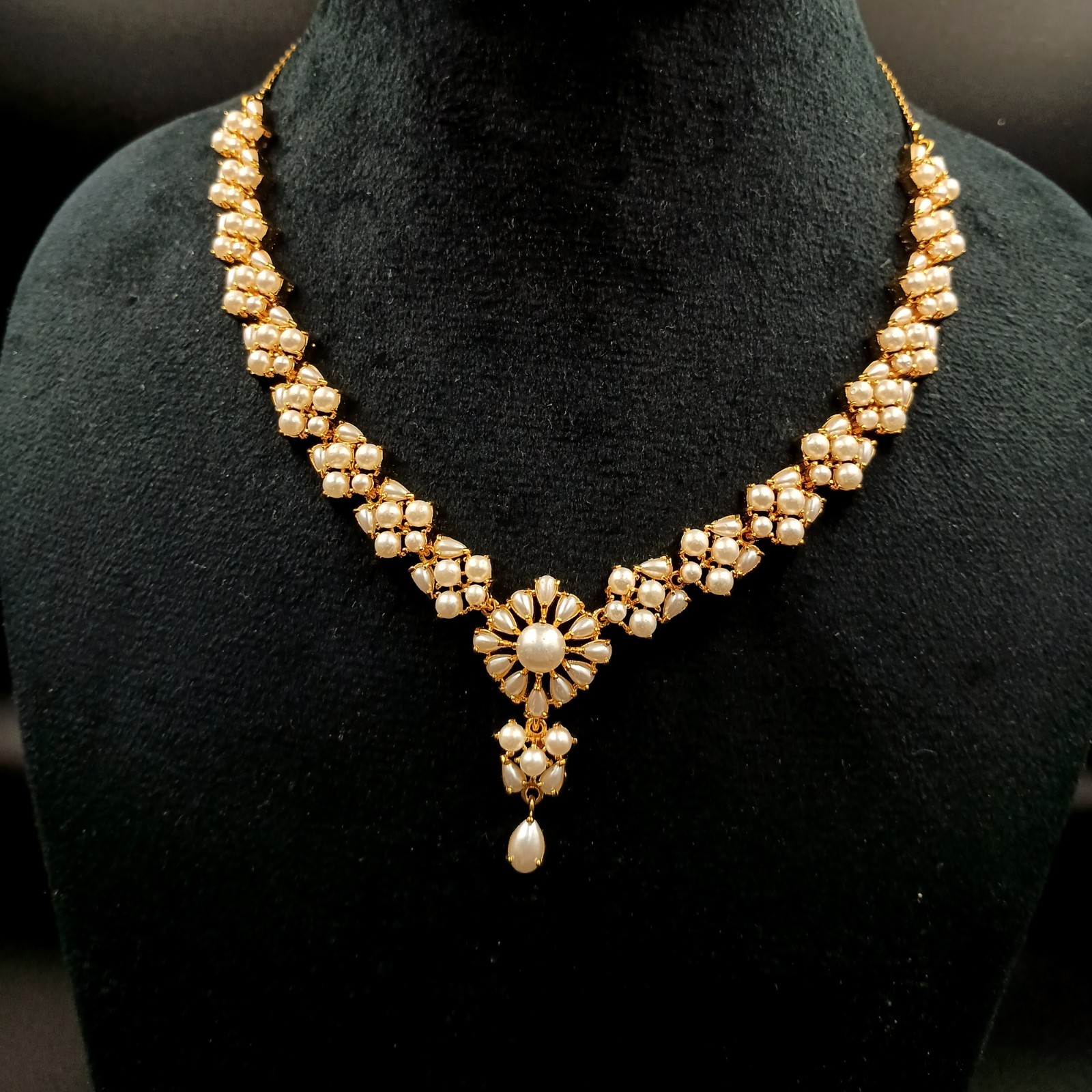 Vintage 22K Gold Plated Pearl Necklace Set Traditional Ethnic Statement Sets