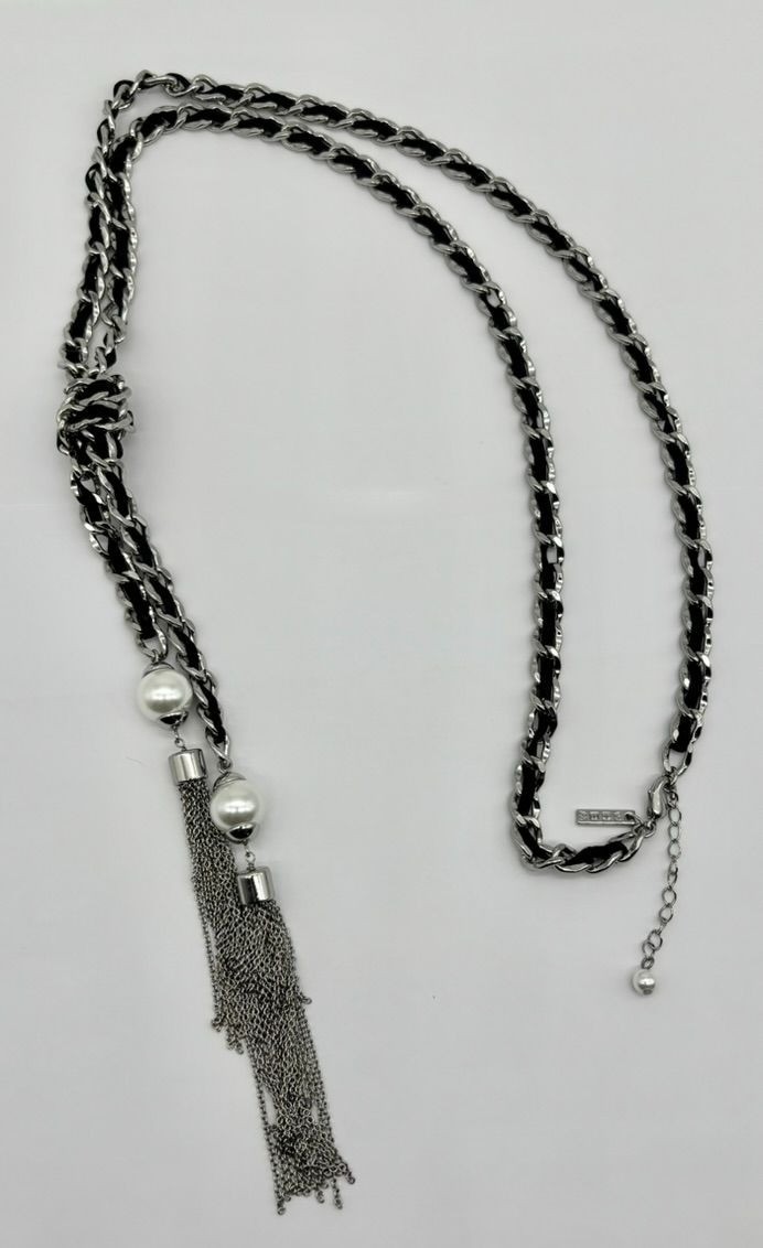 White House Black Market Silver-Tone Links W/Black Ribbon Double Tassel Necklace