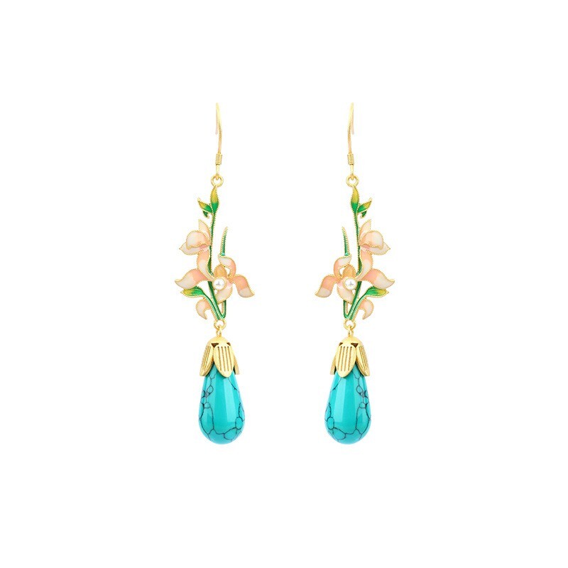 Bohemian Turquoise Drop Dangle Earrings Gemstone Flower Ear Hook 18K Gold Plated