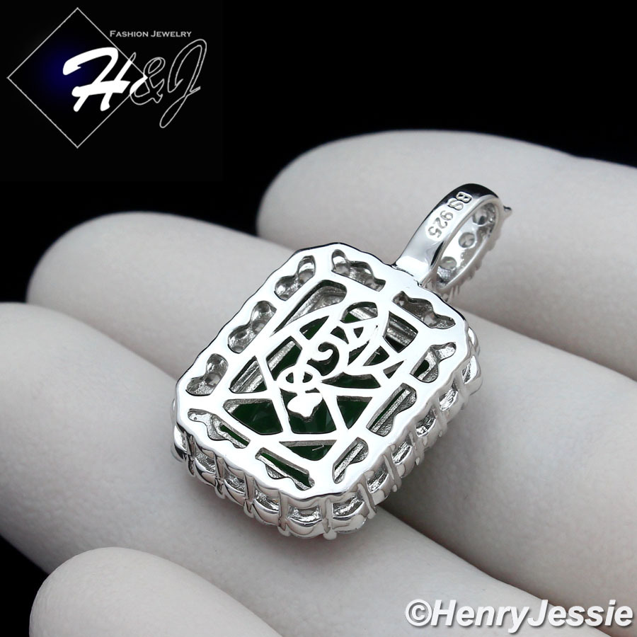 24″MEN 925 STERLING SILVER 2MM MOON CUT BEAD CHIAN GREEN RHINESTONE PENDANT*P156