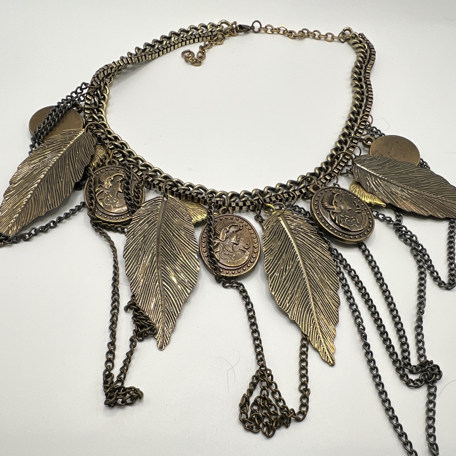 Antique Gold Gunmetal Curb Chain Bib Statement Necklace, Leaf Charm, Adjustable