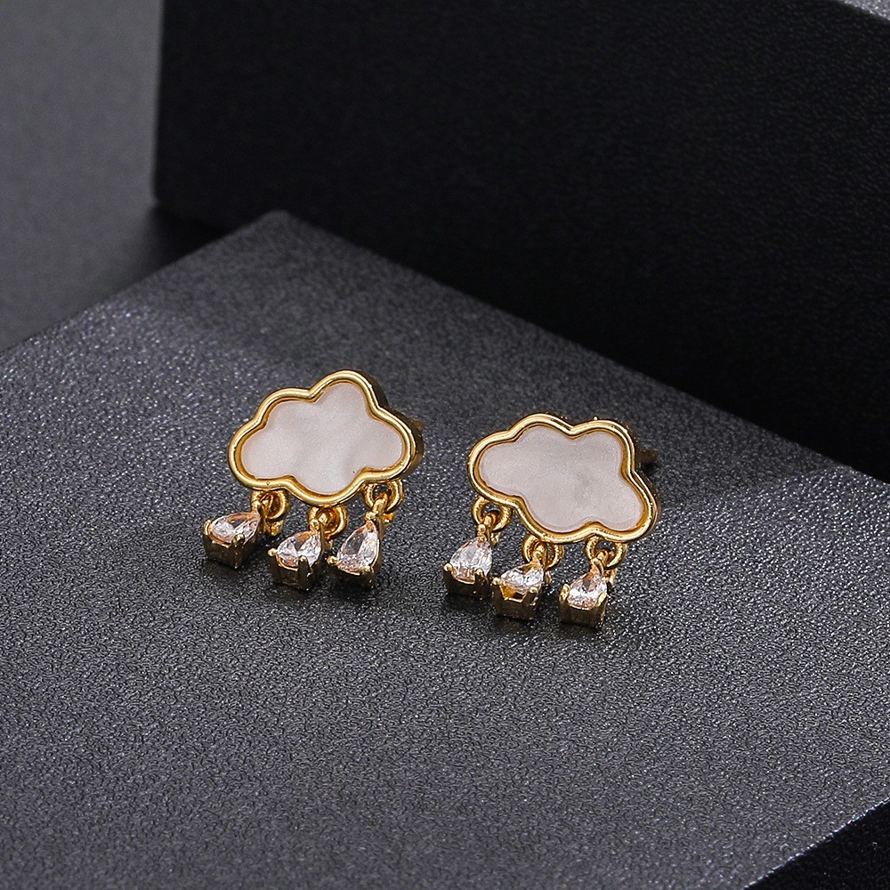 Gold Tone Cloud Drop Earrings with White Enamel and Teardrop CZ Rain Dangle Stud
