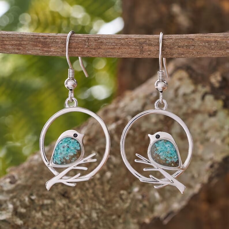 Beautiful Unique Bird Branch Earrings, Turquoise Sand Inlaid