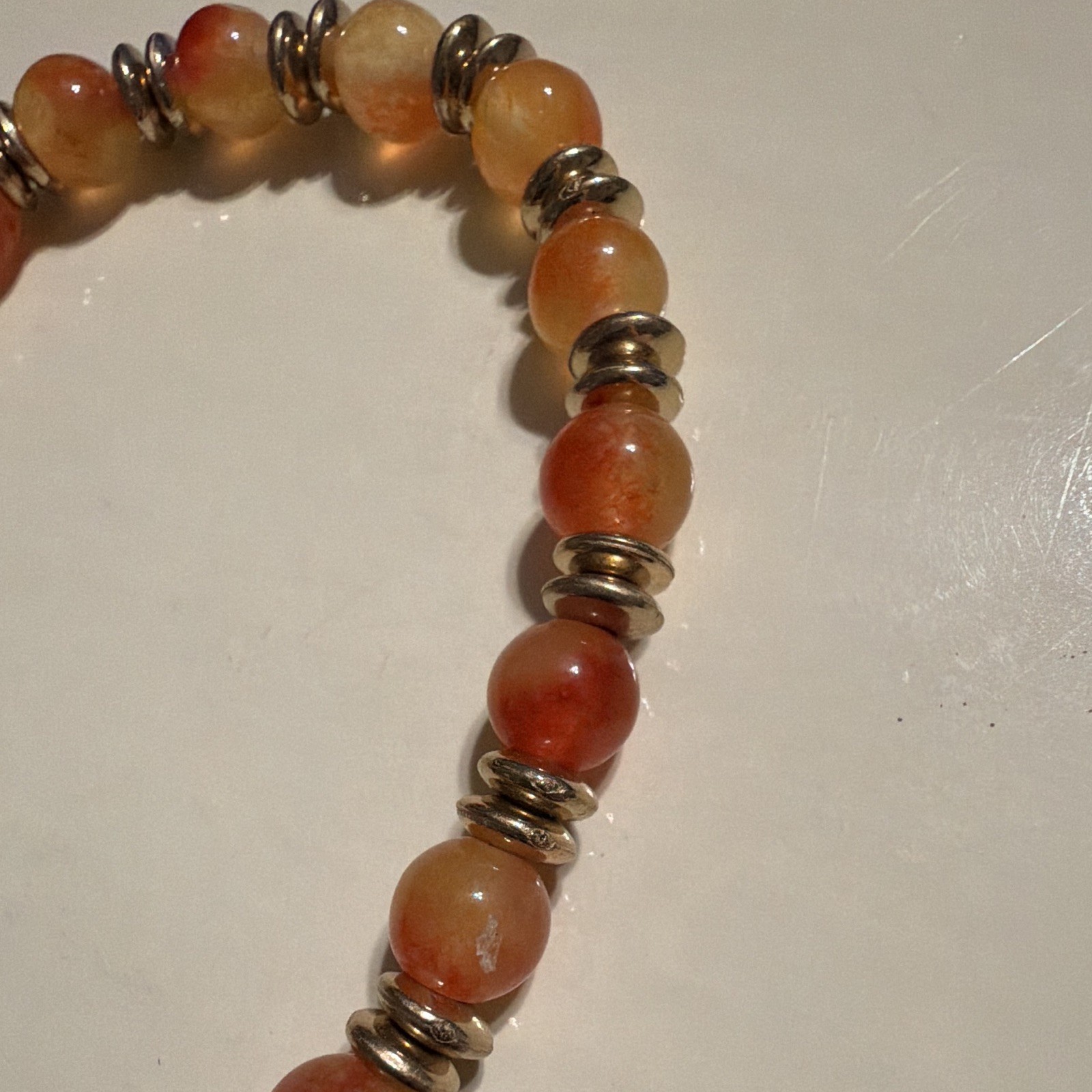 Orange Stone Beaded Stretch Adjustable Bracelet Brown Tassel Dangle Silver