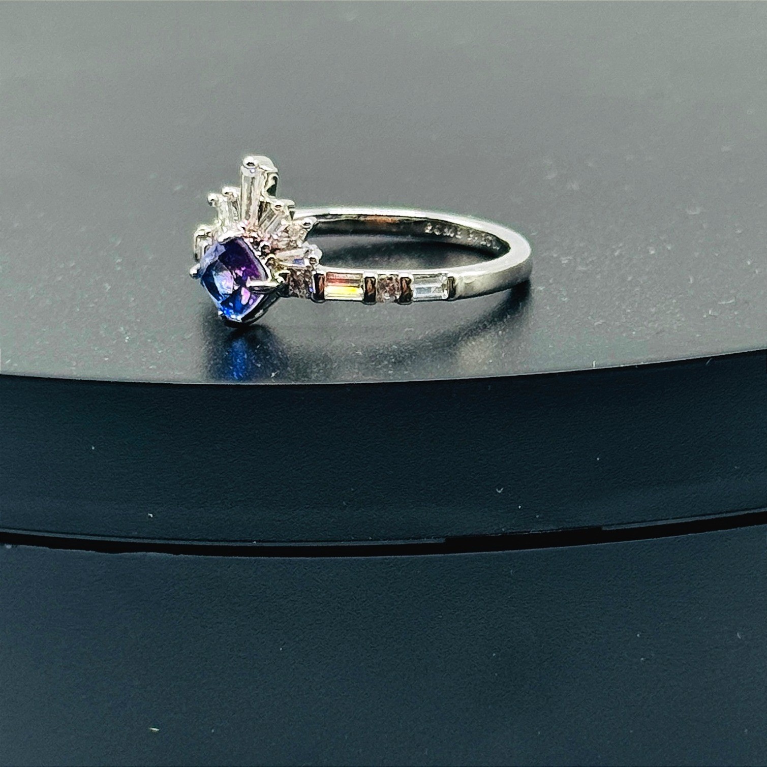 Alexandrite Purple Blue Kite Cut Sunburst Tiara Ring Silver Tone Size 10 Rhodium