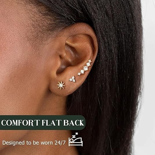 Dochais Flat Back Stud Earrings 14k Gold Plated 925 Silver Set Hypoallergenic