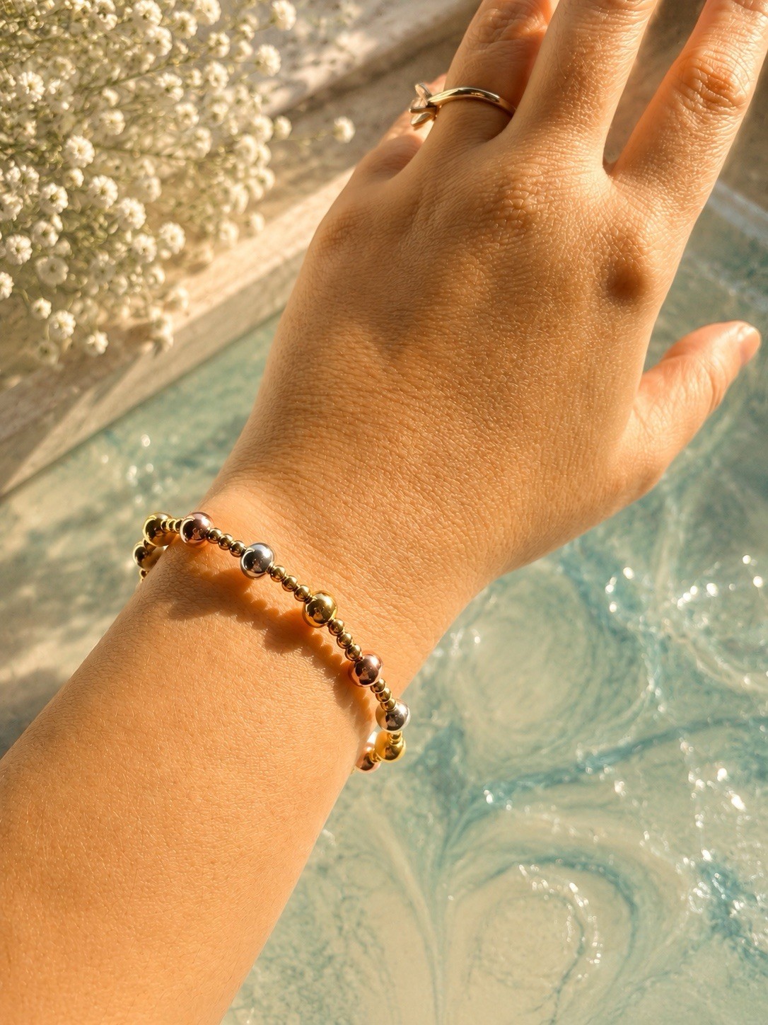 Tri-Tone Gold Plated Round Bead Chain Adjustable Bracelet Lobster Clasp