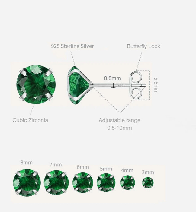 Trendy Hypoallergenic Platinum Plated Sterling Silver Green CZ Stud Earrings