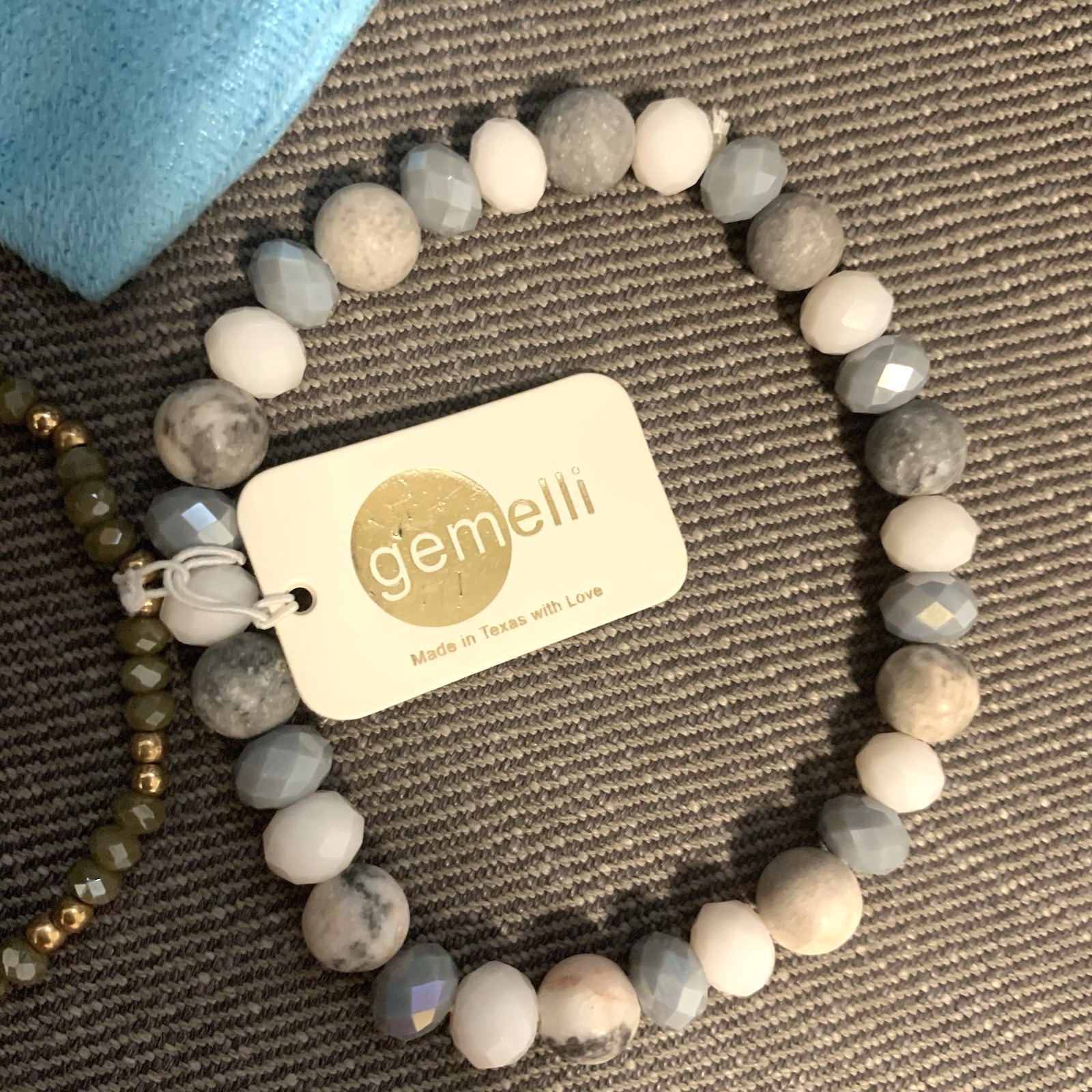 Gemelli Bracelet Set Stretch Stone Beaded Slip-On Cream Tassel Jade Green/Multi