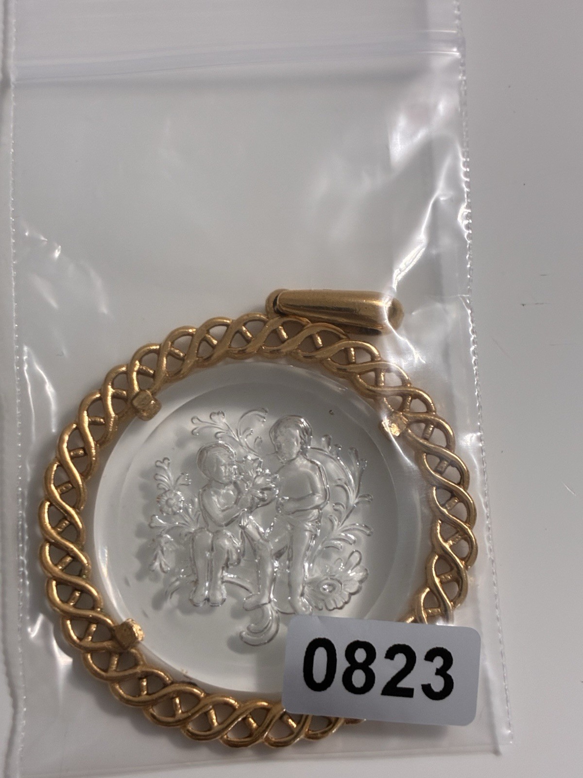 Trifari Gold Tone Round Clear Glass Intaglio Cameo Pendant, Signed