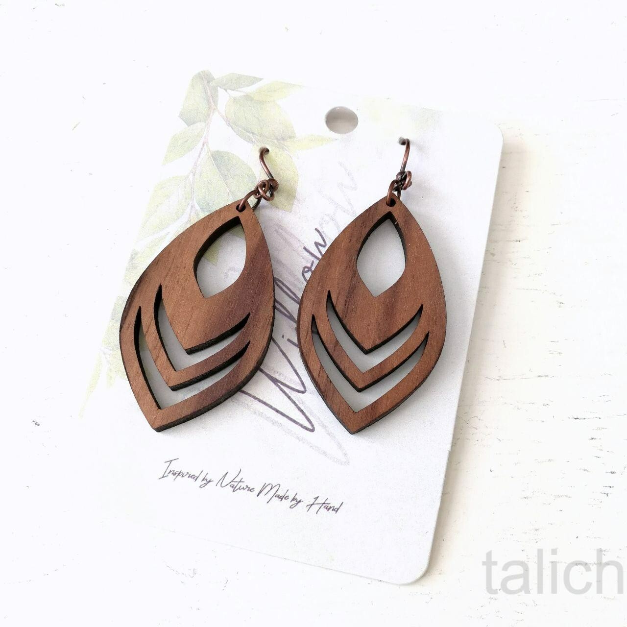 DC Designs Cutout Walnut Wood Earrings with Pink Purple Art Print Boho Chic E43W