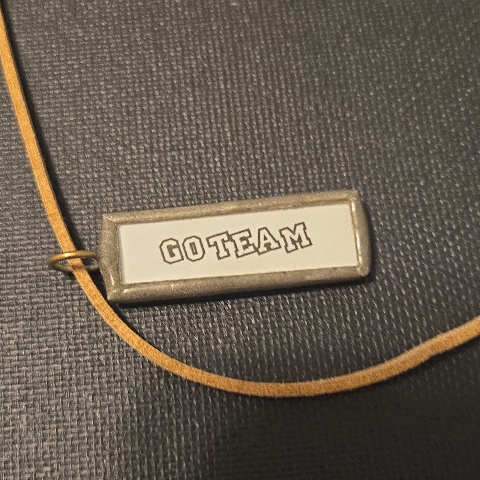 Cheerleader “GO TEAM” Bar Pendant Necklace Brown Leather Cord Silver Lobster