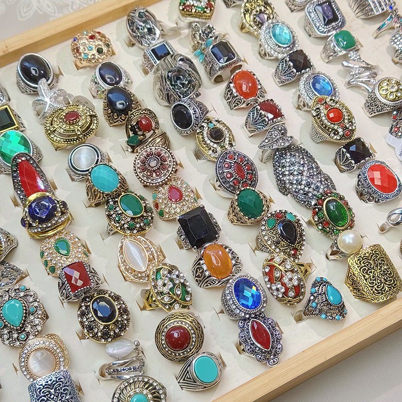 50pcsMixed Vintage Boho Rings Retro Ethnic Statement Colorful Rhinestone Jewelry