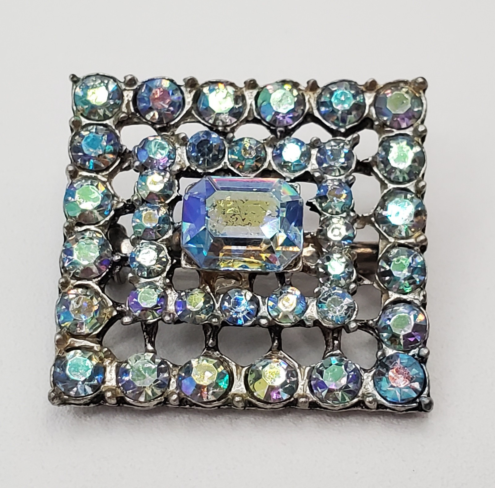 VTG Aurora Borealis Crystal Brooch 1in Square Silver Tone Blue Layered AB Pin