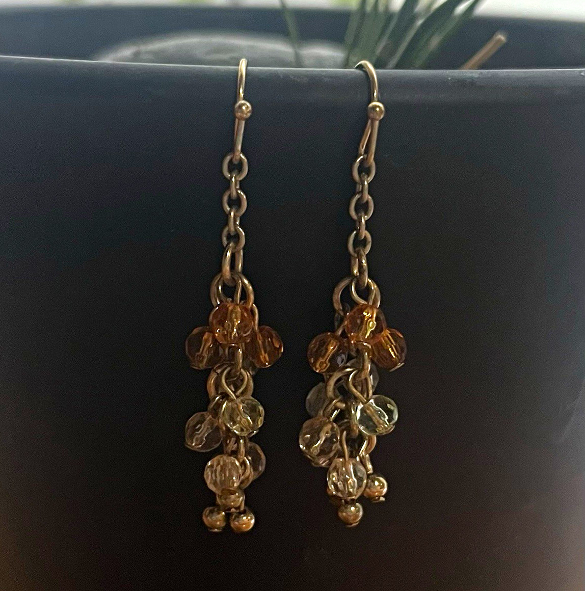 Gold Tone Clear & Amber Crystal Bead Cluster Dangle Drop Hook Earrings 1.5 in