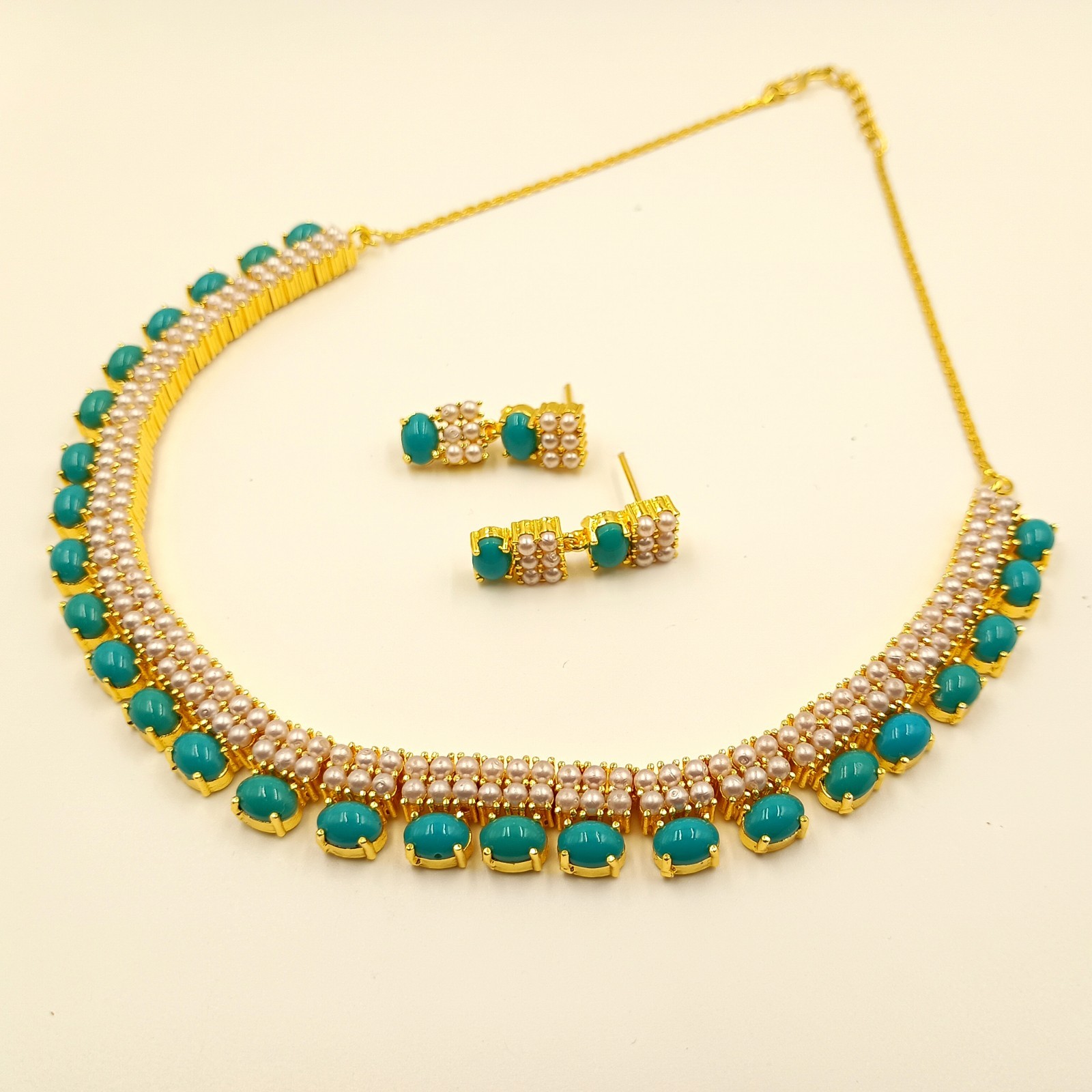 Turquoise and Pearl Necklace Set, 22k Gold Plated Choker, South Indian Jewelry