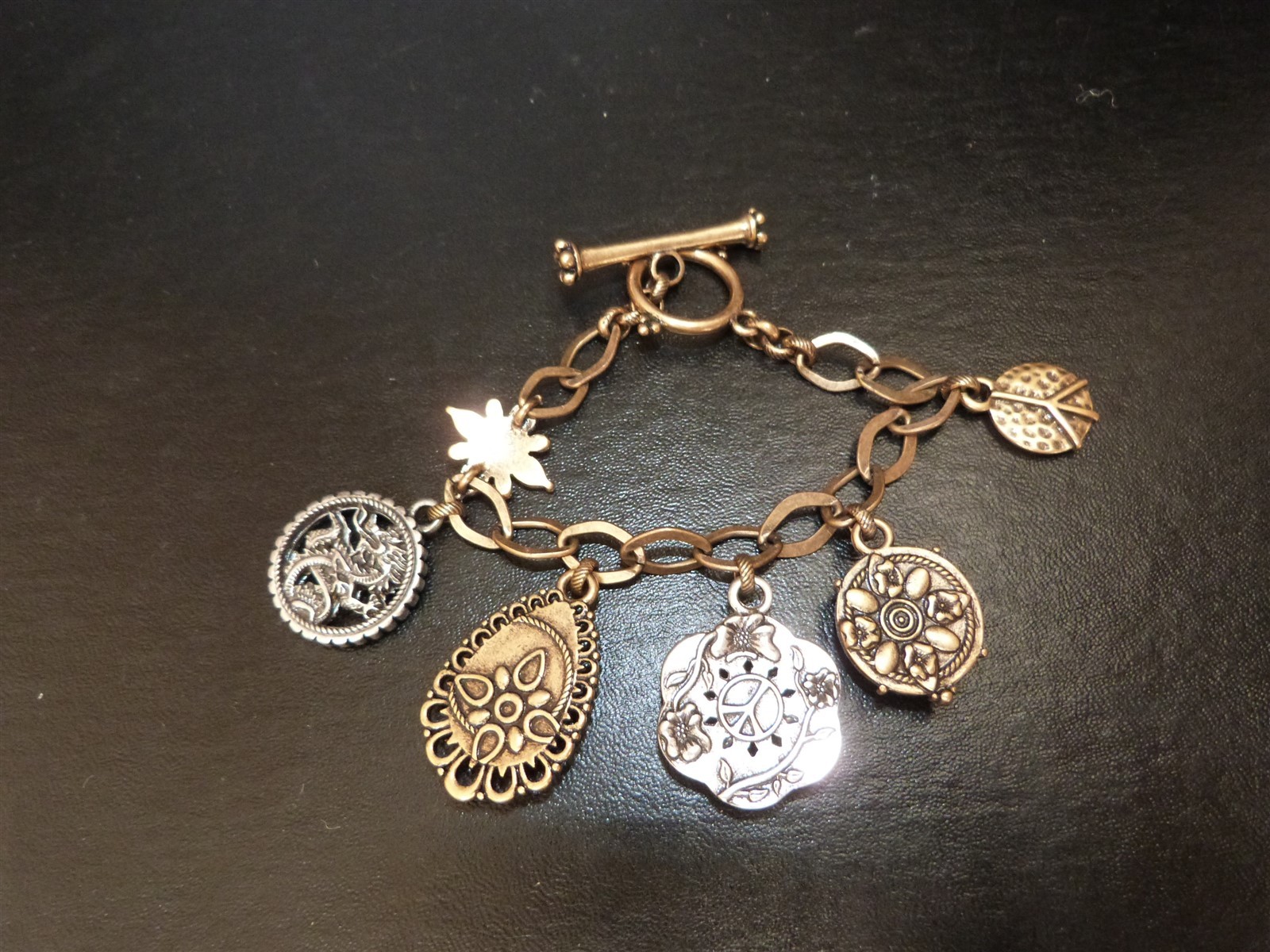 Lucky Brand jewelry lot charm bracelet Asian inspired floral dragon peace sign