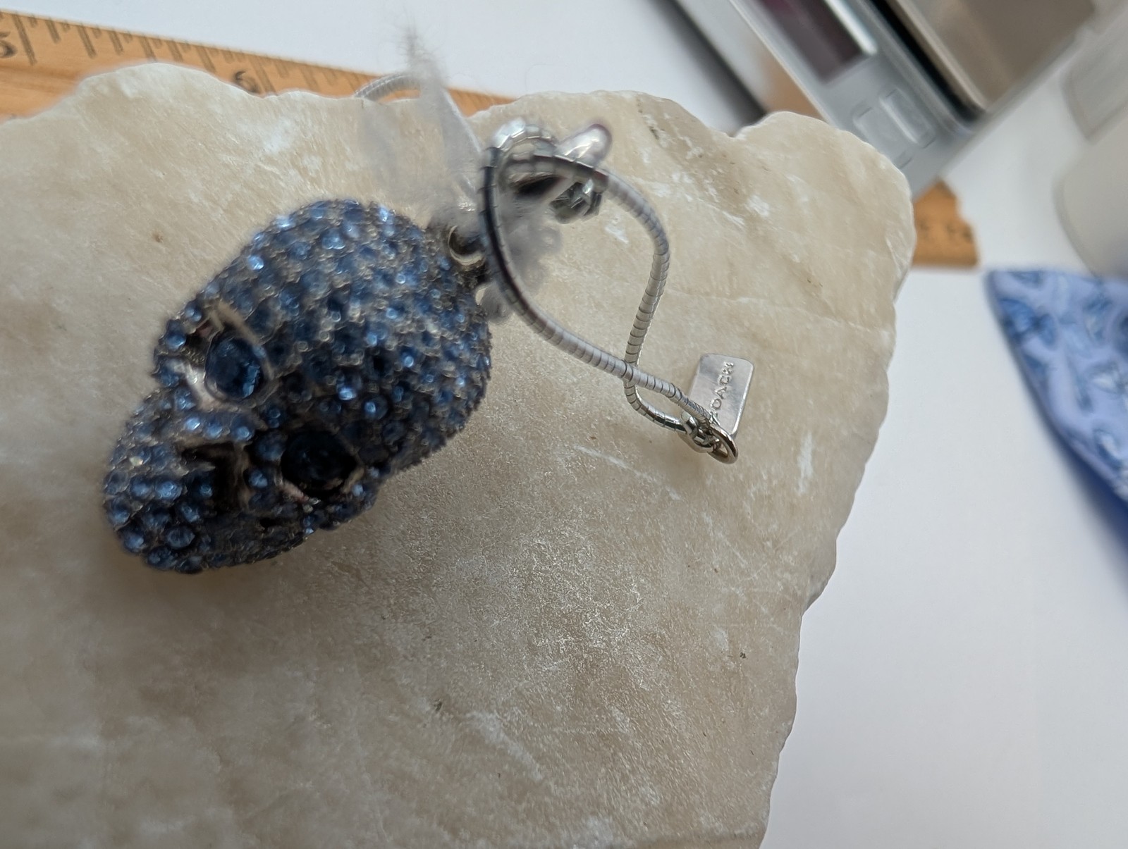 COACH NWT Blue Pave Crystal Skull Charm Silver Tone Sparkly RARE READ