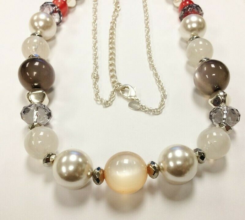 NEW CHICO’S MOONSTONE PEARL BEADED BOHO BRUSHED SILVER LONG CHAIN NECKLACE V225