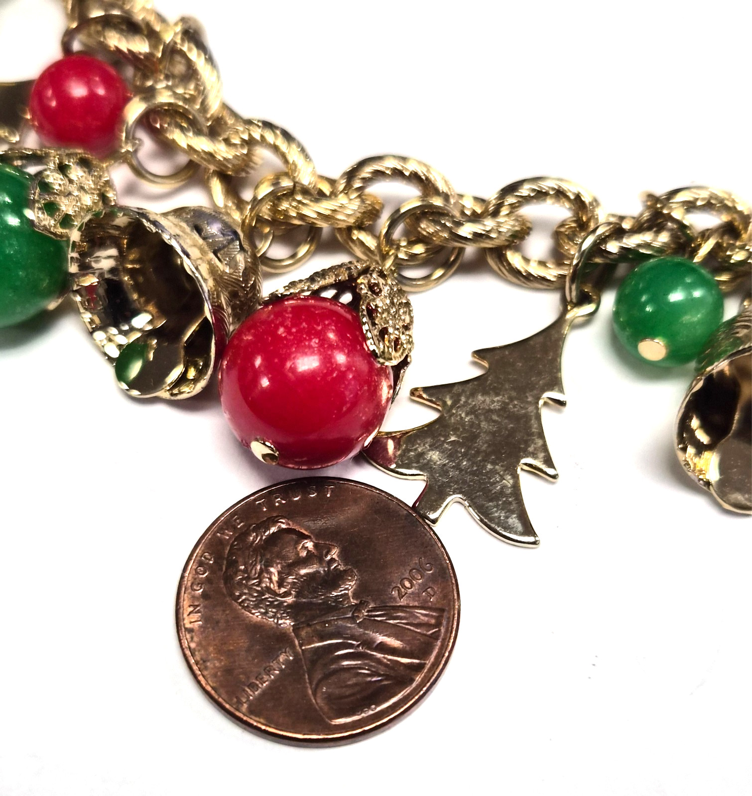 Vintage 70’s Christmas Holiday Bells Charm Dangle Red & Green Link 6.5″ Bracelet