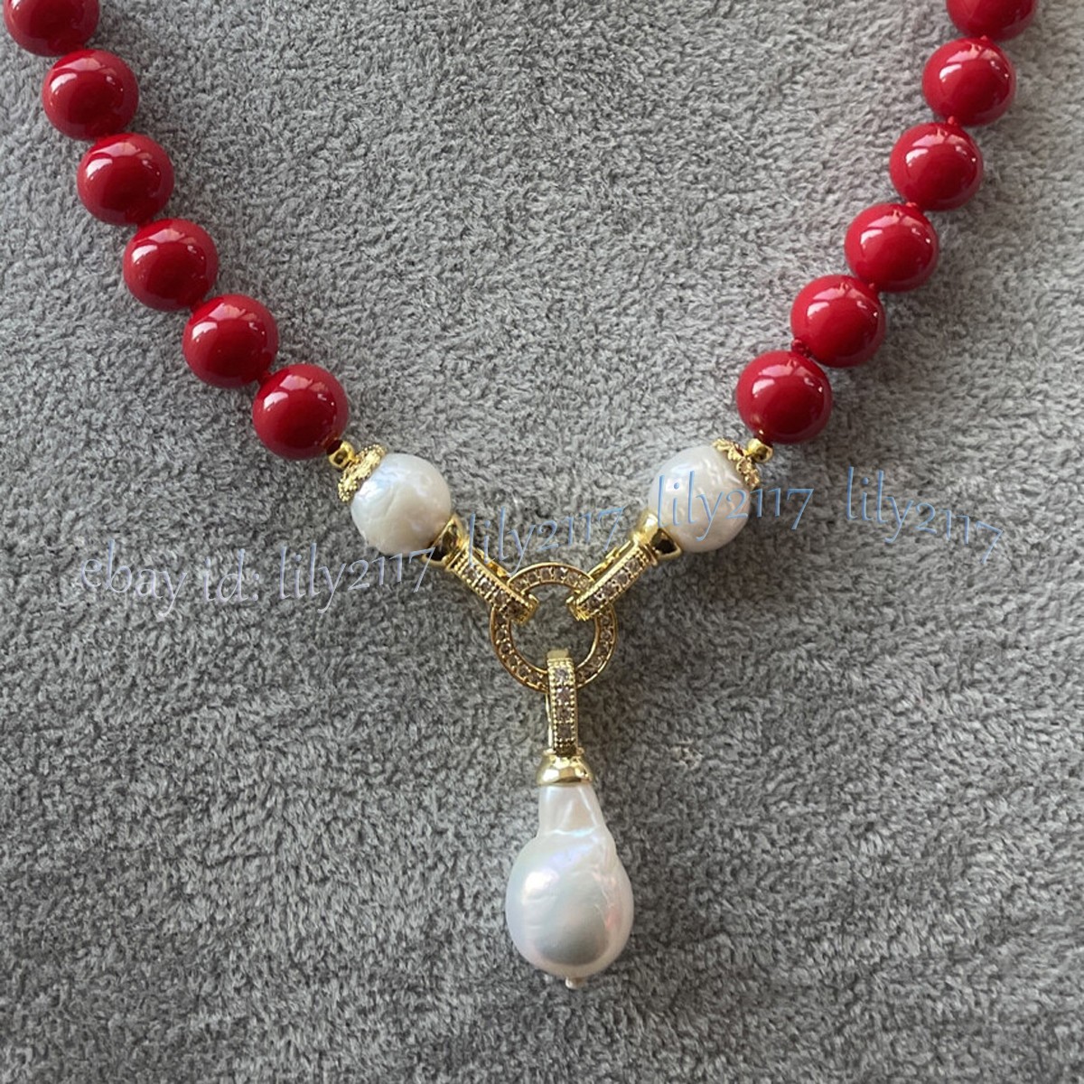 Red Coral Round Gems Beads Natural White Keshi Baroque Pearl Pendant Necklace